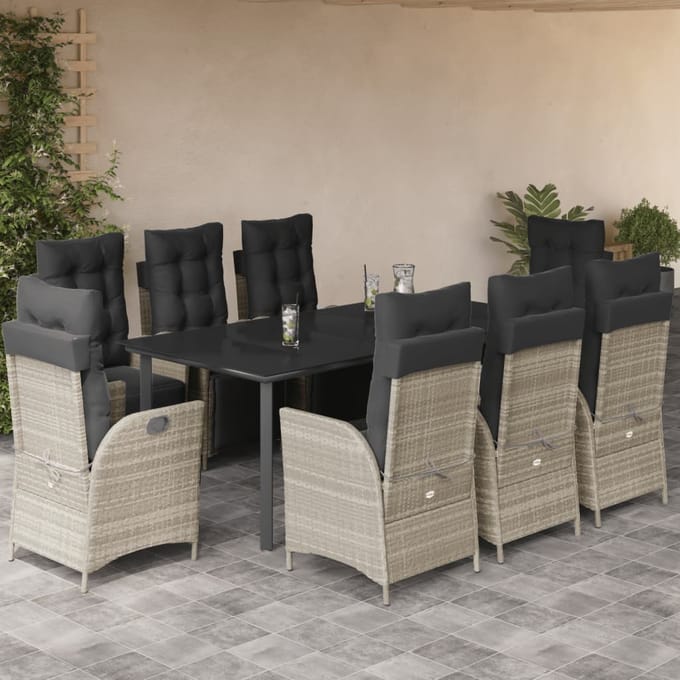 vidaXL - 9-delige - Tuinset - met - kussens - poly - rattan - lichtgrijs