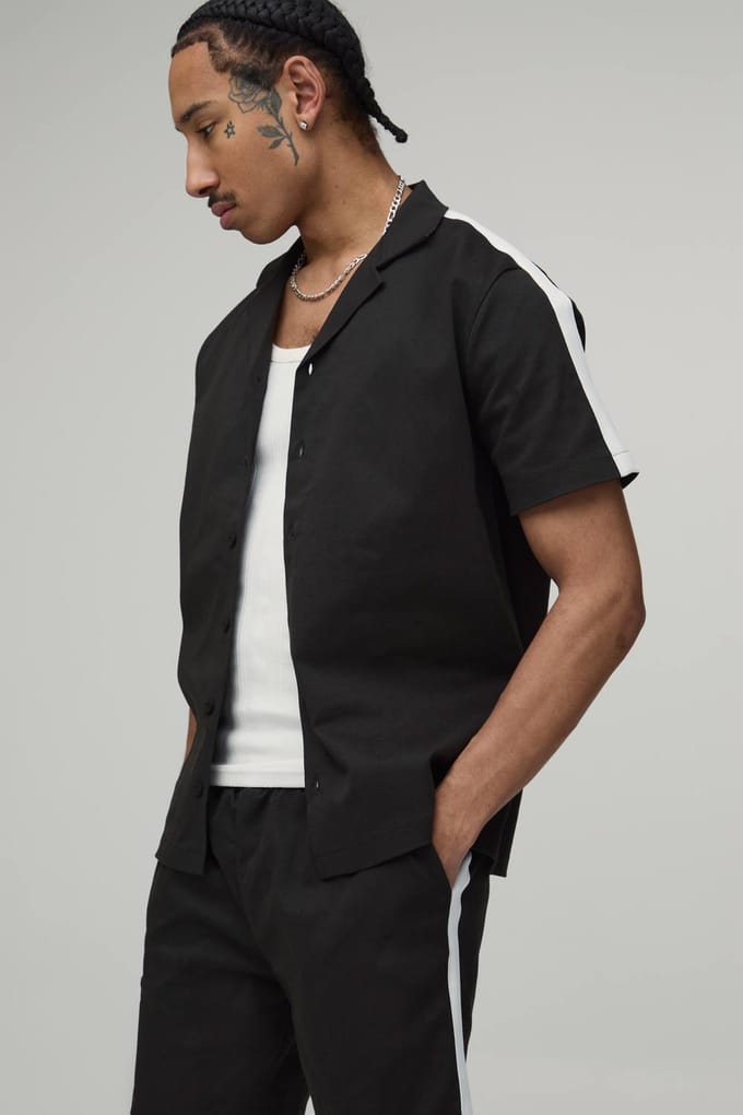 Twill Contrastband Regular Overhemd & Relaxed Shorts Set | Charcoal | Size Medium