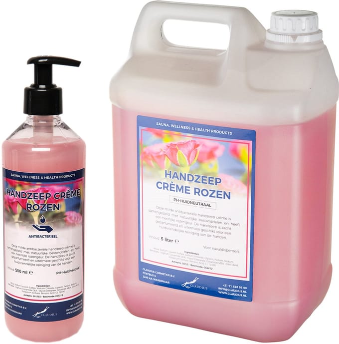 Handzeep Crème Rozen 500 ml met gratis pomp + jerrycan 5 liter navulling