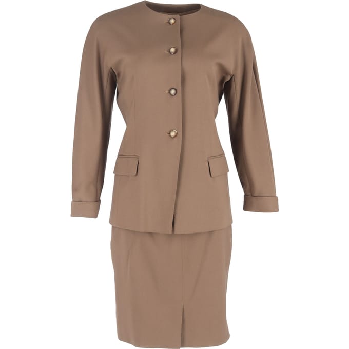 Max Mara blazer en rokpak met enkele rij knopen in bruine wol