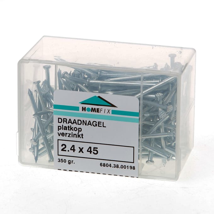 Draadnagels. 2.4 x 45mm. lang. Platkop. Blank Staal. 350 gram Spijkers. Homefix.