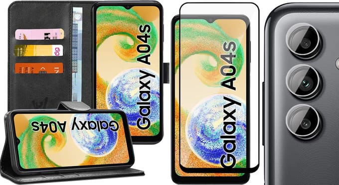 Hoesje geschikt voor Samsung Galaxy A04s / A13 5G - Screenprotector FullGuard & Camera Lens Screen Protector - Book Case Kunstleer Pasjeshouder Zwart