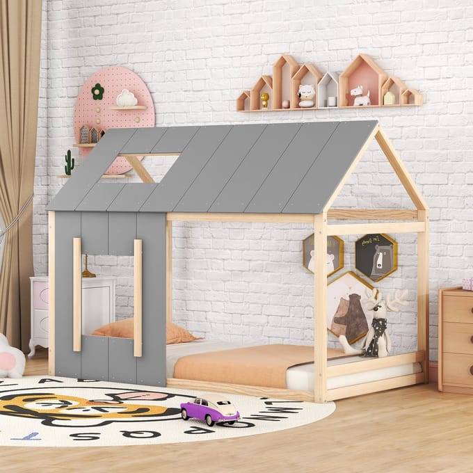 MODFU Ledikant 90x200 cm – naturel/grijs – huisbed met dak, raam en lattenbodem