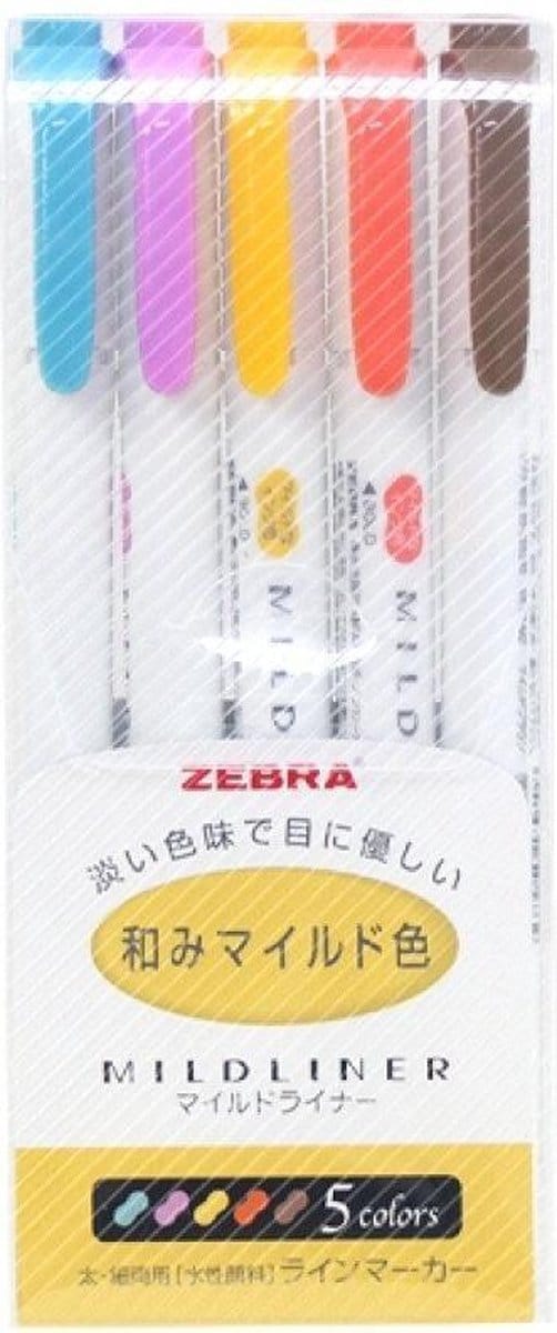 Zebra Mildliners | dubbelzijdige stiften set | 5 milde kleuren