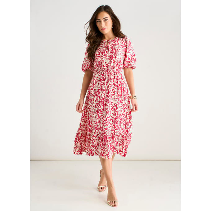 Midi-jurk met rode paisleyprint en elastische tailleband