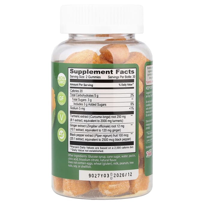 YumVs, Gember & Piperine Gummies met Kurkuma Curcumine, Perzik, 60 Gummies