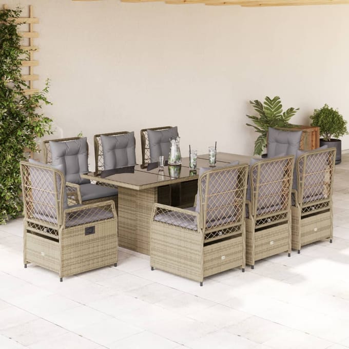 vidaXL - 9-delige - Tuinset - met - kussens - poly - rattan - beige