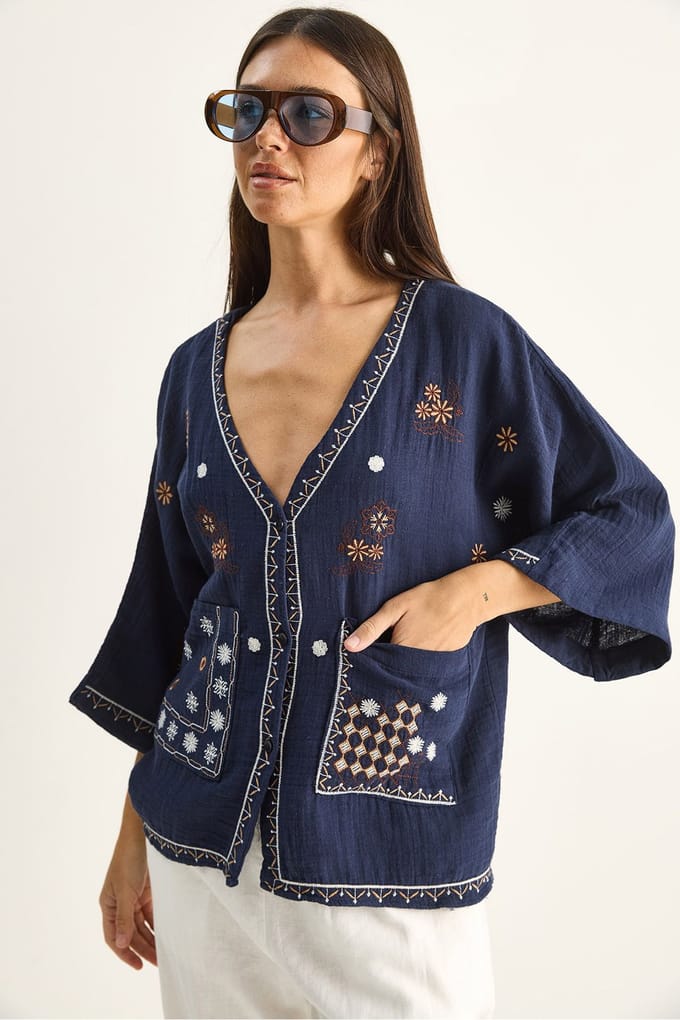 Geborduurd Katoenen Crêpe V-Hals Shirt