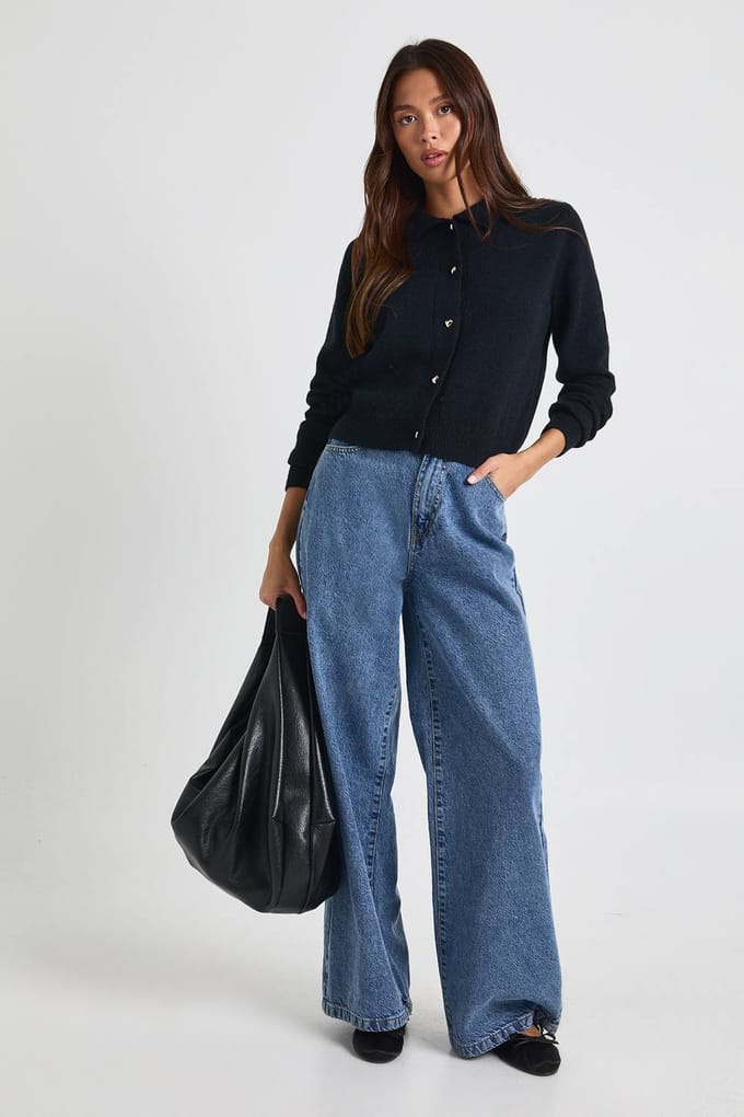 boohoo Dames Heart Button Collared Knitted Cardigan | Zwart | Maat: Small