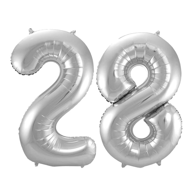 Folieballon 28 jaar - Zilver - 86 cm