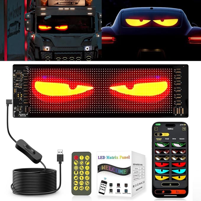LED Ogen Vrachtwagen - Duivelsogen Auto - Gepersonaliseerde Verlichting - Programmebaar via App - 9.2x37.4cm - Zwart