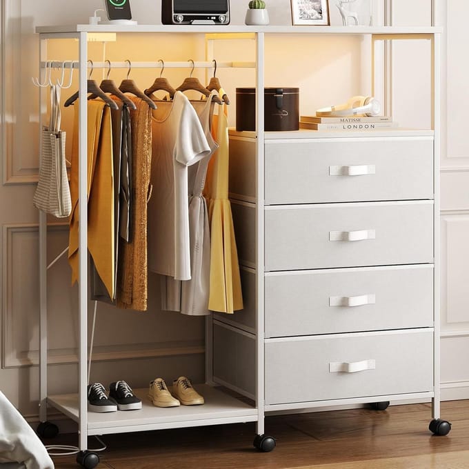 Kastorganizer met kledingkast, dressoir met 4 laden en accessoires, wit