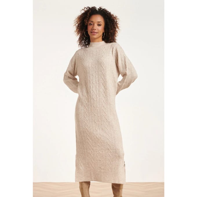Smashed Lemon 24631 beige e gebreide midi jurk met kabelstructuur |