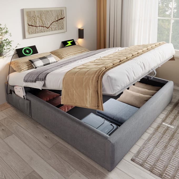 MODFU Bedframe 140x200 cm – grijs katoen-linnen – hydraulische opbergruimte, USB/Type-C, geen hoofdbord