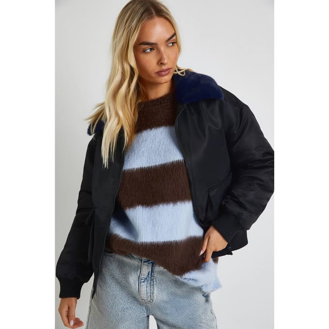 boohoo Dames Bomberjack met nepbontafwerking | Black | Maat: 8