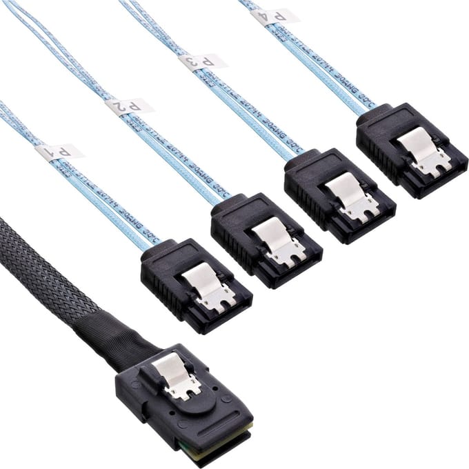 InLine® SAS verbindingskabel, Mini SAS SFF8087 naar 4x SATA,crossover,OCF, 0,75m