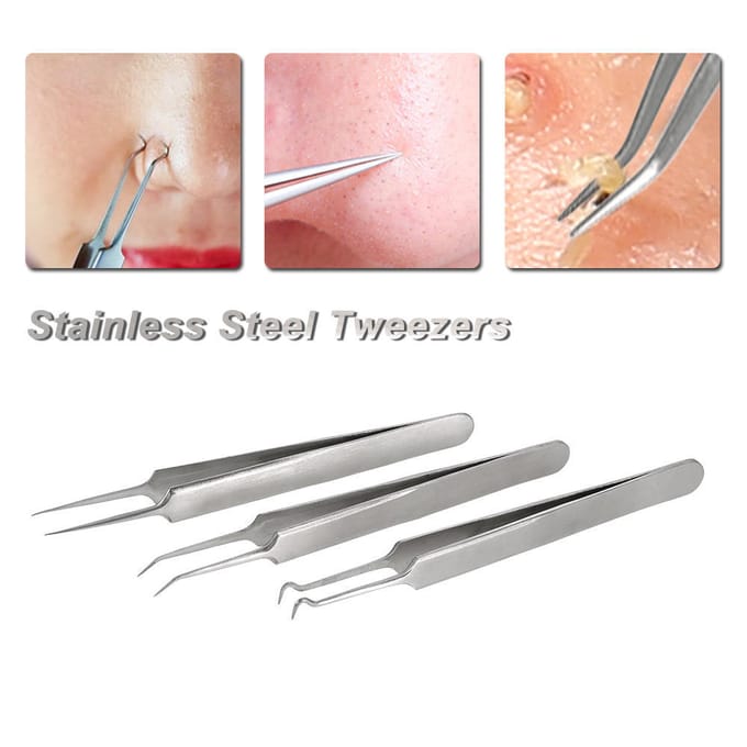 3 stuks acne clip gezichtspuistje comedonentang gebogen rechte mee-eter pincet set roestvrij staal gray