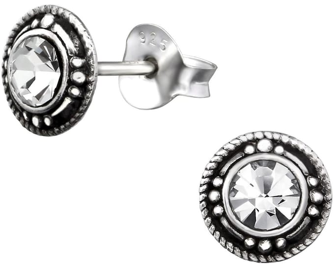 Joy|S - Zilveren Bali classic oorbellen - 7 mm - wit kristal - geoxideerd