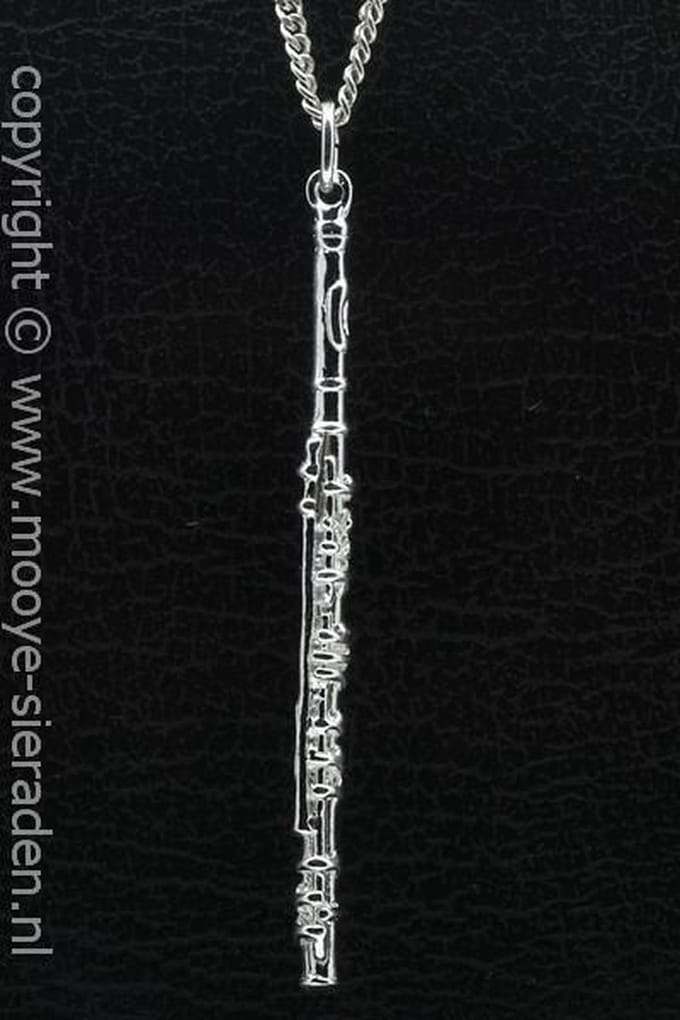 Zilveren Dwarsfluit groot ketting hanger