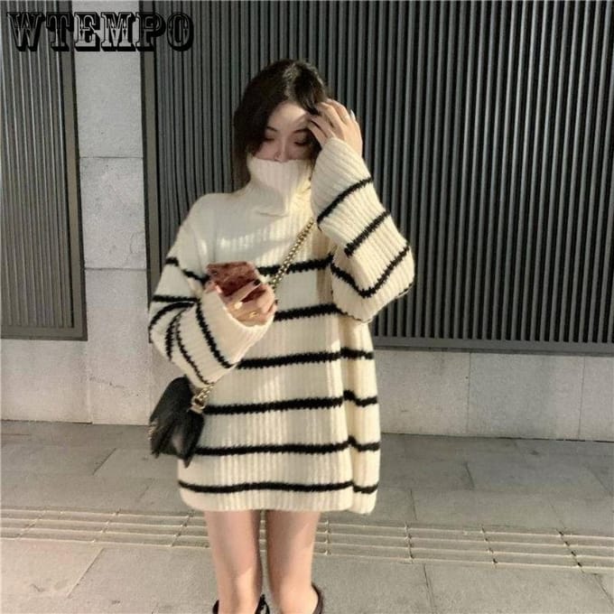 Losse Tops Dames Gestreept Trui Hoge Kraag Winter Bedek Hoofd College Stijl Koreaanse Versie van De Gebreide Truien XXL wit