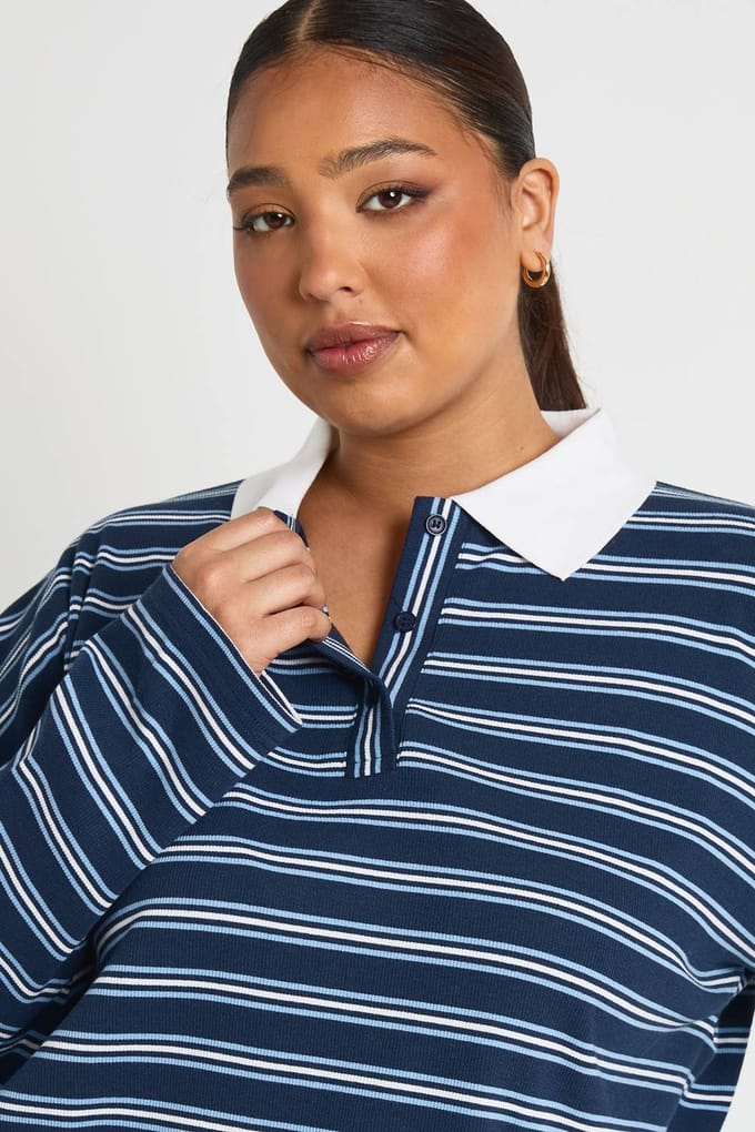boohoo Dames Plus gestreepte top met kraag en knoopsluiting | Navy | Maat: 16