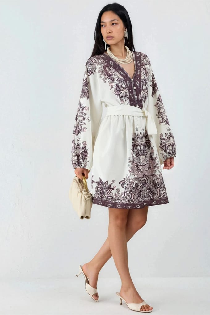 Gestrikt Mini-Jurk met V-hals in Paisley
