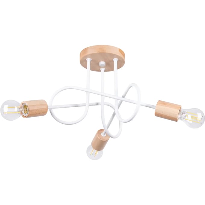 Kroonluchter EMBER 3 met 3 metalen armen en houten accenten - Sollux Lighting - IP20 - Wit/natuurlijk hout staal/hout behuizing - 14 x 56 x 26 cm - 3 x E27 LED, exclusief lichtbron - 3 x 15 W - Minimalistische kroonluchter voor gang, hal en woonkamer