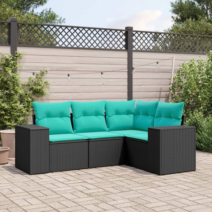 vidaXL - 4-delige - tuinbankset - met - kussens, - zwart - polyrotan