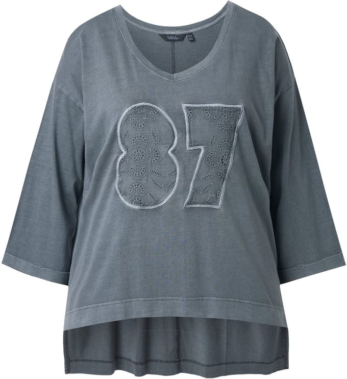 Ulla Popken - Dames - Shirt oversized V-hals 3/4-mouwen langer achterpand - Grafietgrijs - Maat 58+