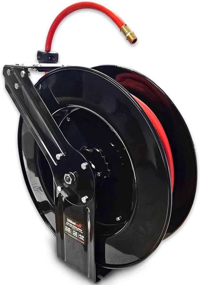 Slanghaspel - Automatische oproller - Lucht en water - Robuuste stalen constructie - 20 meter - Zilver