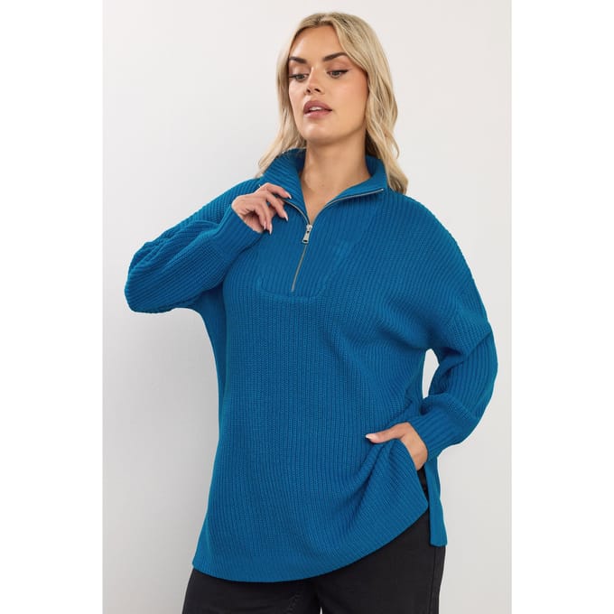 Yours Blauwe Trui Met Kwartrits Size 50-52