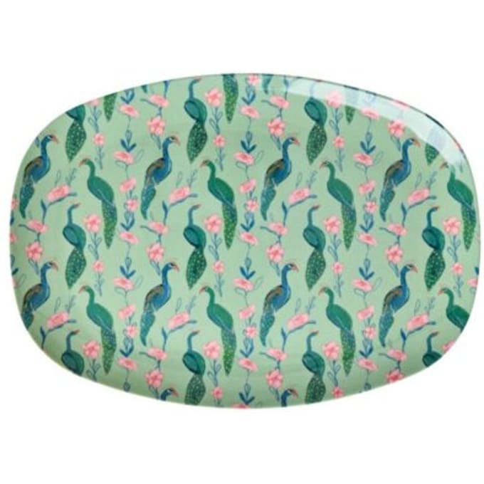 Rice melamine bord, rechthoekig, groen met peacock power print