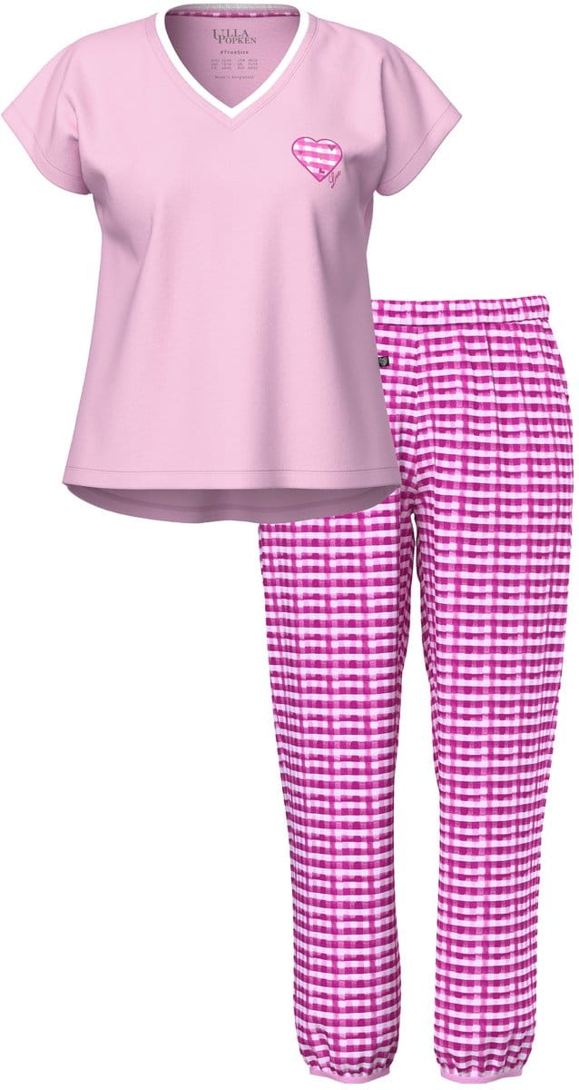Ulla Popken - Dames - Pyjama ruit V-hals korte mouwen - Roze - Maat 46+