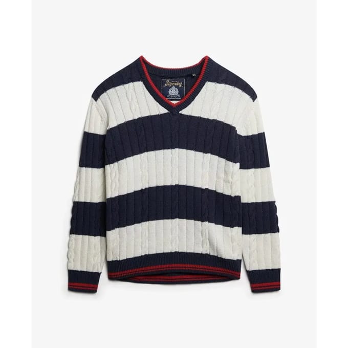 Superdry - Oversized kabeltrui met V-hals en strepen - Dames - Sweaters