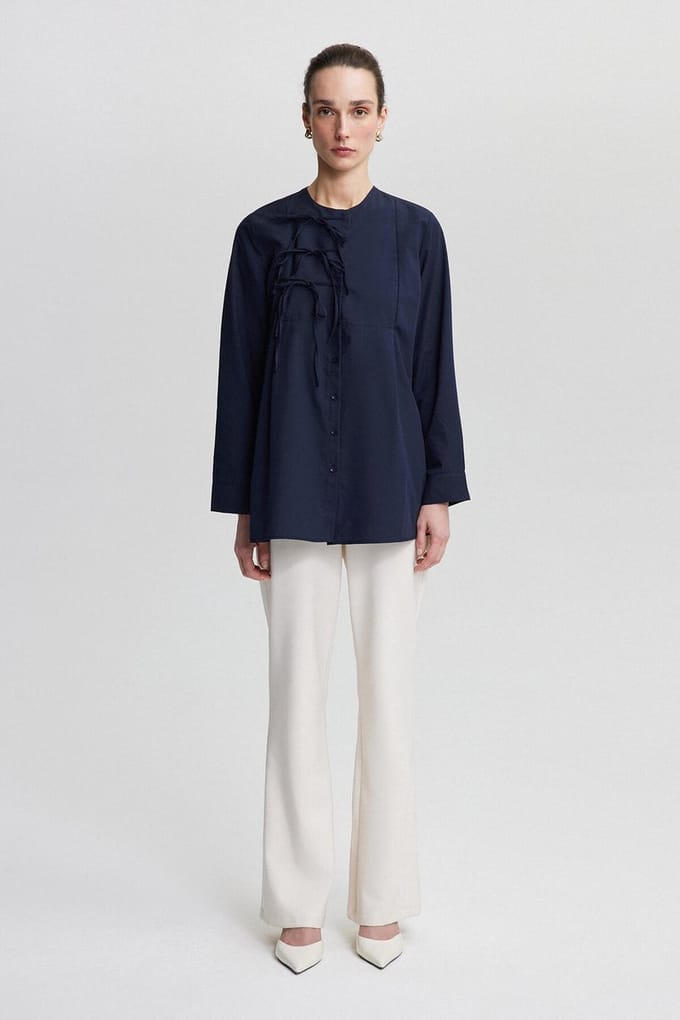 Touché Privé - Poplin overhemd met strikdetail - Marine - Dames