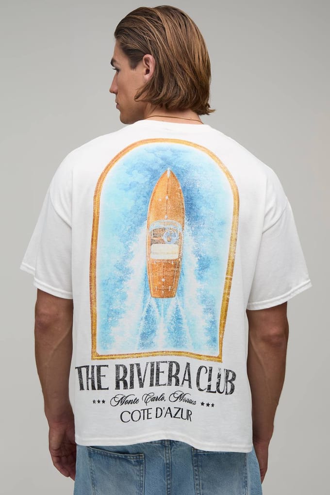 Wit Oversized Boxy T-shirt Met Yacht Riviera Club Print | White | Size Medium