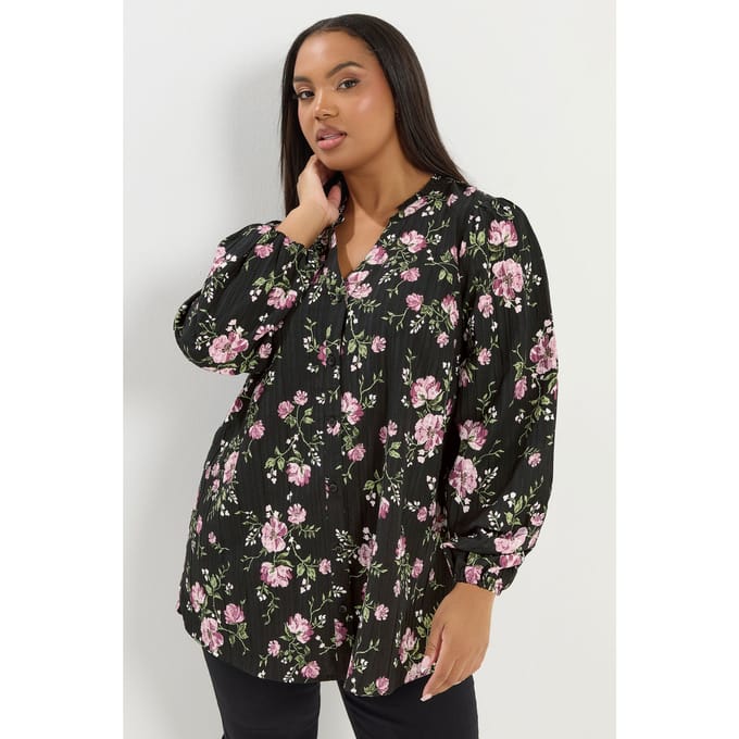 Yours Zwarte Blouse Met Bloemenprint En Inkeping Size 48