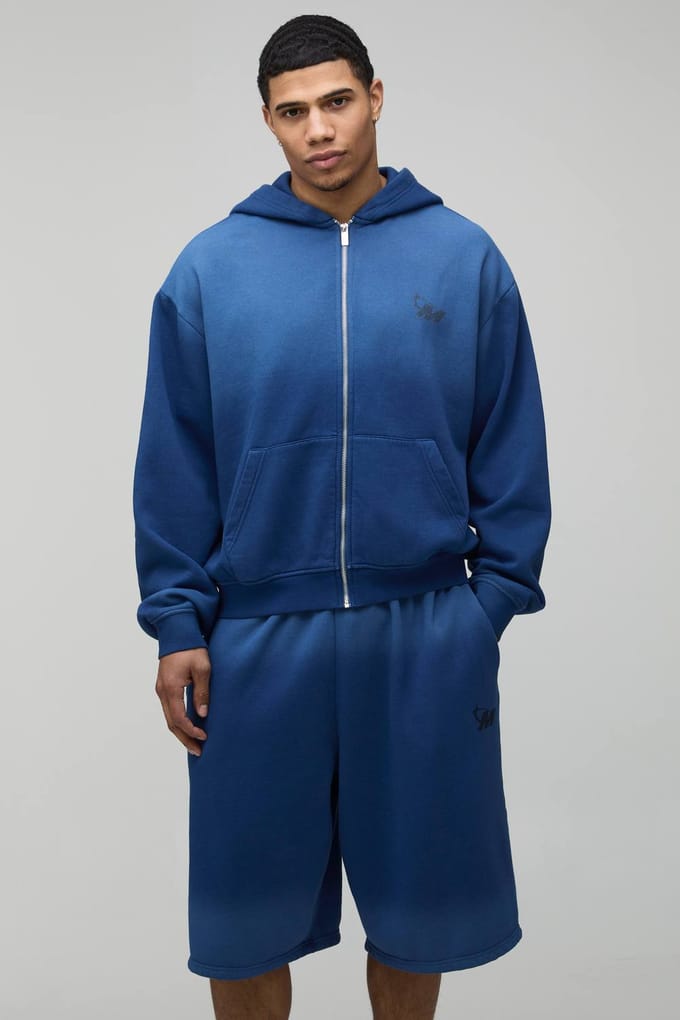 Oversized Boxy Ombré Washed M Star Zip-through Hooded Jort Trainingspak | Blue | Size Medium