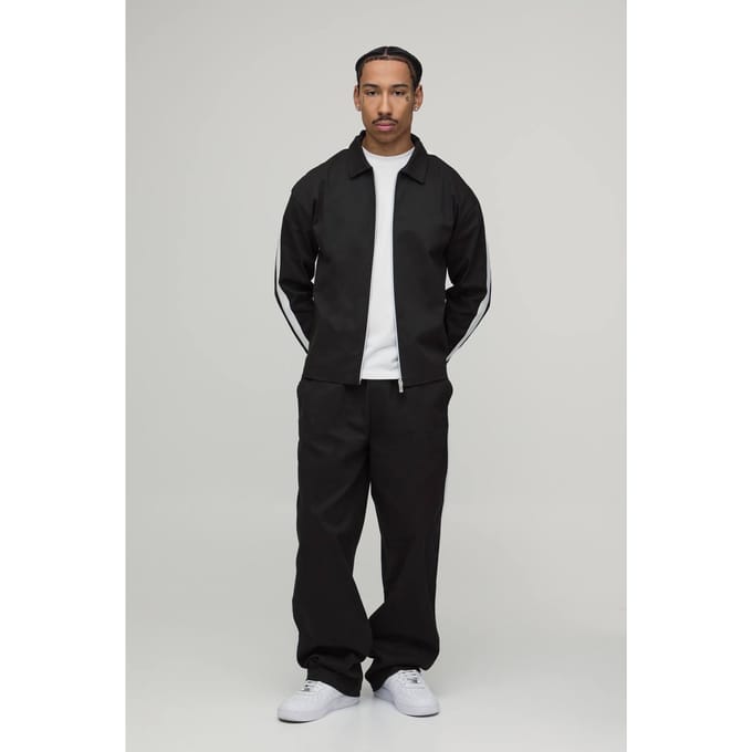 Twill Contrast Tape Oversized Boxy Zip Up Overshirt & Balloon Trouser Set | Charcoal | Size Medium