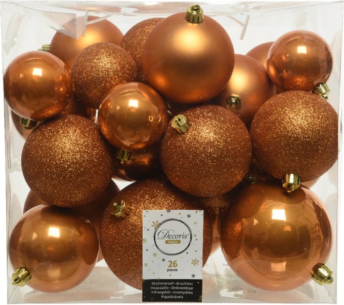 Decoris Kerstballen - 26x st - cognac bruin - 6-8-10 cm - kunststof - kerstversiering