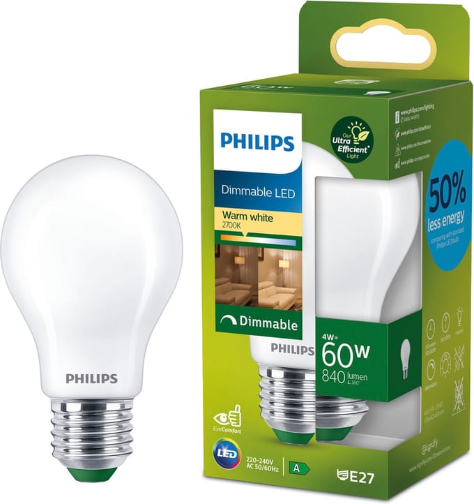Philips Ultra Efficient LED lamp Mat - 60 W - E27 - Dimbaar warmwit licht - Energielabel A