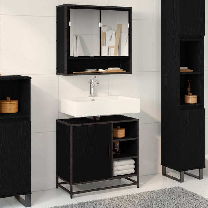 vidaXL - Badkamermeubel - Set - 2 - st - Zwart - Eiken - Bewerkt - hout