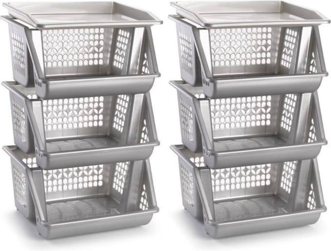 Plasticforte Opbergkrat - 2x - zilver - 3 vakken - 62 cm - Stapelkratten - Stapelbare manden