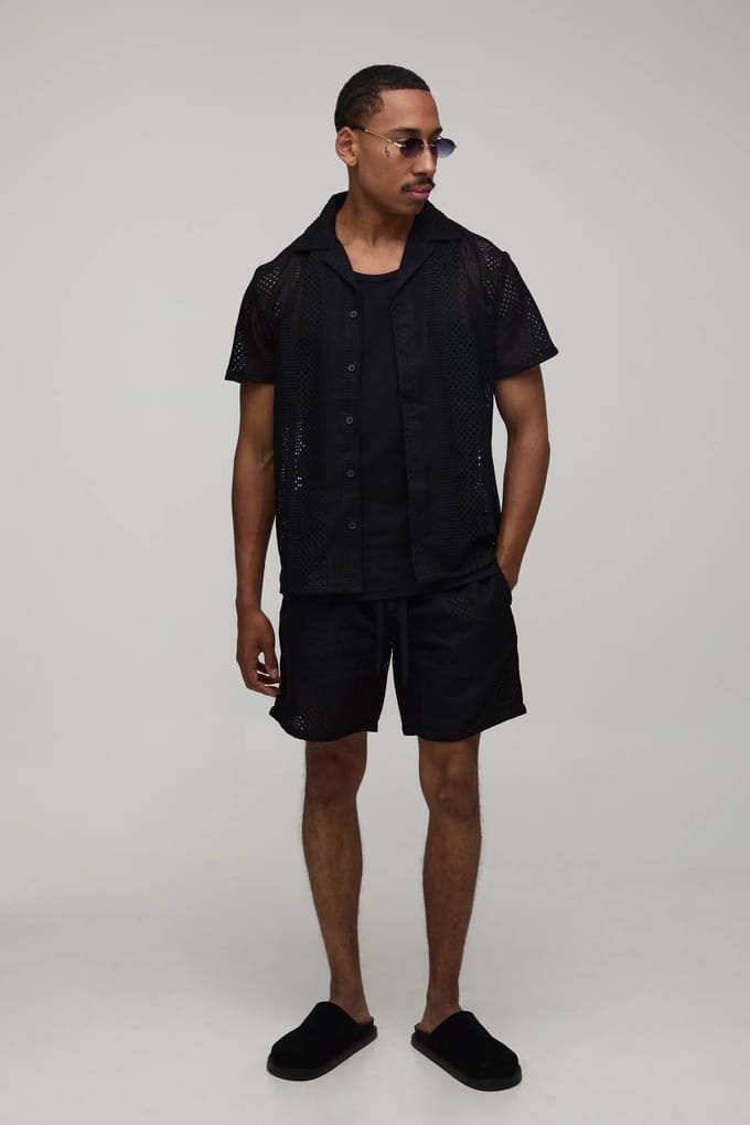 Geborduurd Gehaakte French Riviera Regular Shirt & Relaxed Short Set | Black | Size Medium