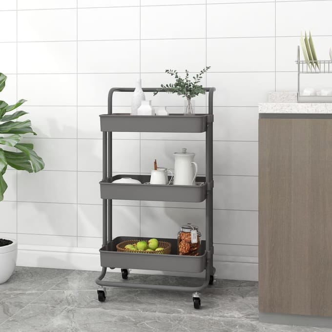 vidaXL - Keukentrolley - 3-laags - 42x35x85 - cm - ijzer - en - ABS - grijs