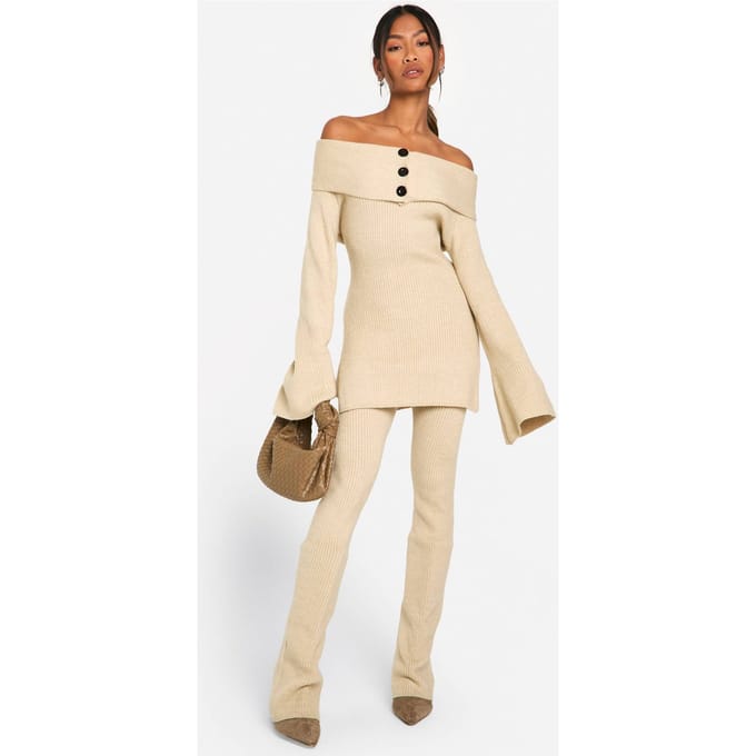 boohoo Dames Premium Geribde Gebreide Flared Broek | Steen | Maat: Small