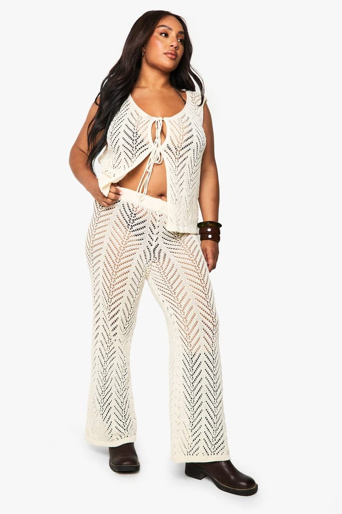 boohoo Dames Plus Beach Knit Wijde Pantalon | Ecru | Maat: 28