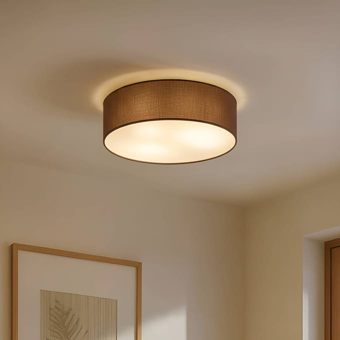 Lindby - plafondlamp - 3lichts - Stof, metaal - H: 17 cm - E27 - bruin, wit, mat nikkel