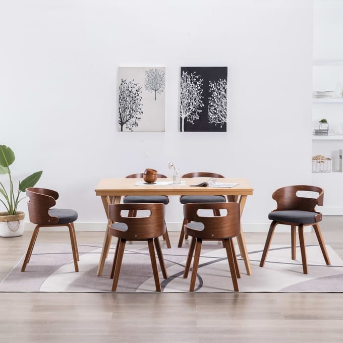 vidaXL - Eetkamerstoelen - 6 - st - gebogen - hout - en - stof - donkergrijs