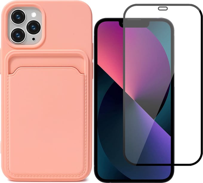 Hoesje Pasjeshouder geschikt voor iPhone 13 Pro Max Roze - Siliconen Case Back Cover + Full Screen Protector Glas Screenprotector